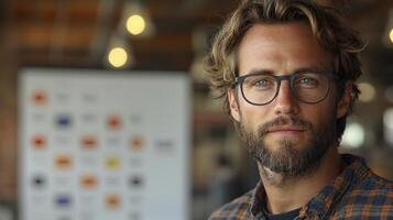 A man with glasses and a beard is standing in front of a whiteboard photo