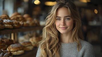 A woman with long hair standing in front of a bakery photo