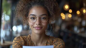 A woman with glasses holding a piece of paper photo