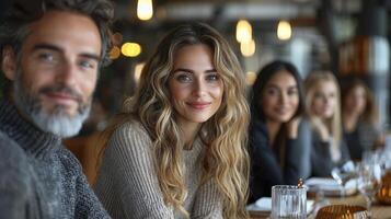 A group of people sitting at a restaurant table photo
