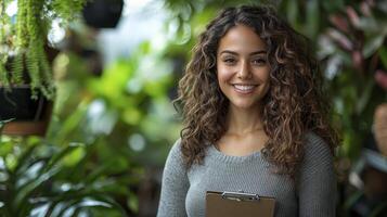 A woman with curly hair holding a clipboard photo