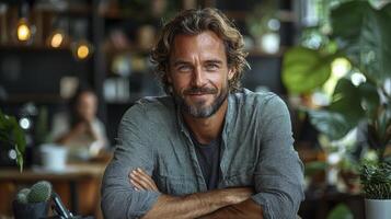 A man with a beard and a smile is sitting at a table photo