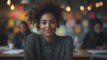 A woman with curly hair sitting at a table in an office photo
