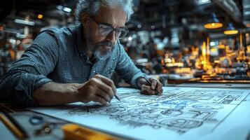 A man is working on a drawing in a workshop photo