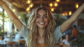 A woman with her arms up in a restaurant photo