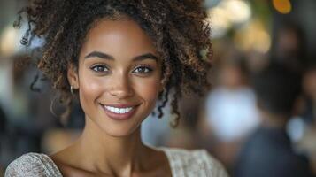 A beautiful young woman with curly hair smiling photo