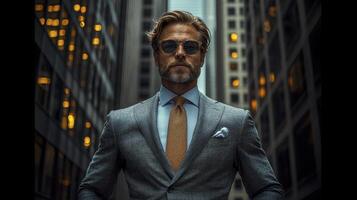 Business Executive Standing Confidently in Urban Environment with Modern Architecture photo