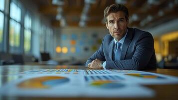 A man in a suit sitting at a table with graphs and papers photo