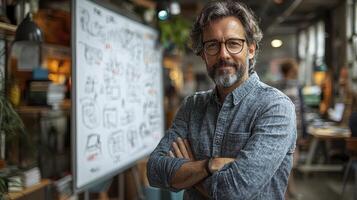 A man with glasses and a beard standing in front of a whiteboard photo