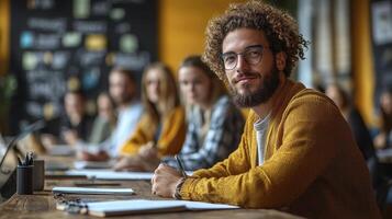 A man with curly hair sitting at a table with other people photo