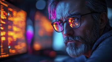 A man with glasses and a beard looking at a computer screen photo