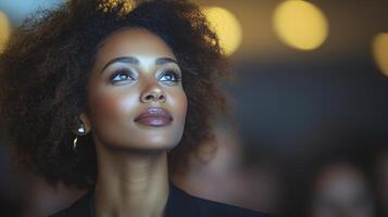 A woman with an afro hair and a black suit photo