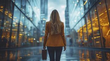 A woman walking through an urban area with a briefcase photo
