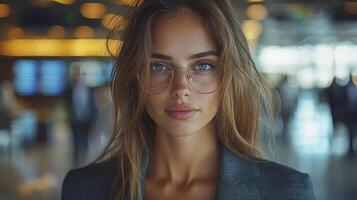 A woman with glasses in an airport photo