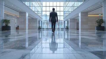 A person walking through a large lobby photo