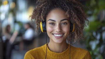 A woman with headphones smiling photo