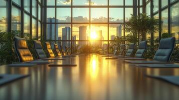 A conference room with chairs and a table in front of a window photo
