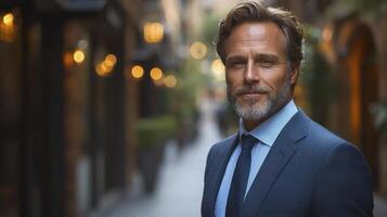 A man in a suit and tie standing in an alley photo