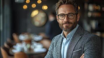 A man with glasses and a beard standing in a restaurant photo