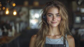 A woman with headphones on in a coffee shop photo