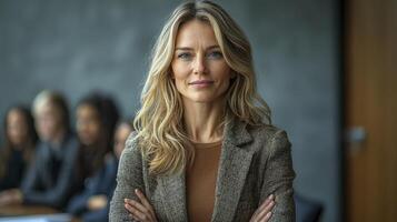 A woman in a business suit is standing in front of a group of people photo