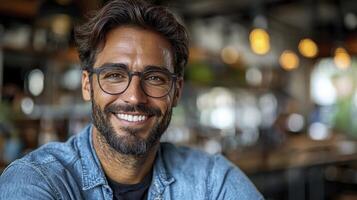 A man with glasses and a beard smiles photo