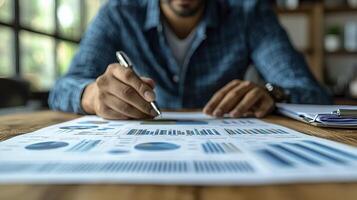 Man writing on paper with pen and pen photo