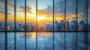 A view of the city from inside a large room photo