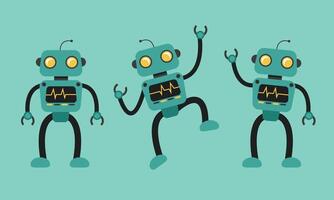Cute cartoon robot illustration in multiple poses including basic standing, waving, and jumping. vector