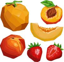 isolated objects, bright geometric fruits set, gouache style triangles, strawberries peaches melon, design decor colorful vector