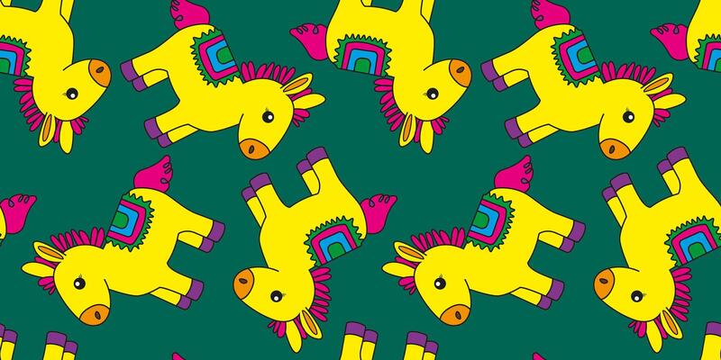 seamless festive pattern with cute cartoon donkeys on emerald green background, colorful design for cinco de mayo party decor, kids fabric or gift wrap