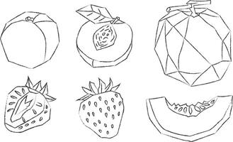 hand-drawn objects geometric summer fruits outlined with black outline, strawberries, peaches melons with linear polygon effect, modern minimalist line art cubism packaging design vector