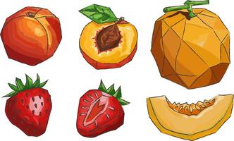 isolated gouache summer fruits set with peach, strawberry and melon cubism style, polygonal juicy food illustration white background for print and design vector