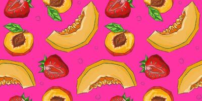 vibrant summer fruit pattern on pink background seamless hand-painted slices of peach, melon and strawberry in gouache with retro polka dots vector