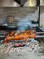 Roasting a Pig on a Spit, Cooking it Over a Charcoal Fire photo