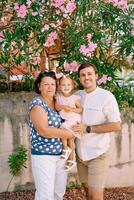 Little girl sits in the arms of her grandmother standing next to her father under a flowering tree in the garden photo