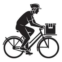 Black Outline of Delivery Person with Bicycle in Side View vector