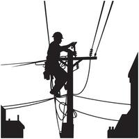 Silhouette of Lineman Working on Power Pole in City vector