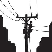 Power Line Technician Working on Power Pole in Urban Setting vector