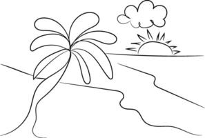 Line Drawing of a Tropical Beach Scene with Palm Tree and Sunset vector