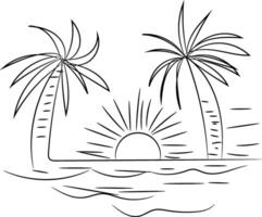 Sun and Two Palm Trees at Sunset Over Ocean Waves vector