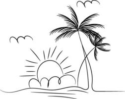 Cute and Simple Line Drawing of Palm Trees at Sunset on a Beach vector