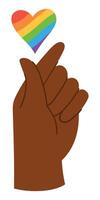 Black Hand Making Mini Heart Gesture with Rainbow Heart Above Isolated on White. Colorful LGBTQA Pride Month Symbol Celebrating Love, Equality, and Inclusion vector