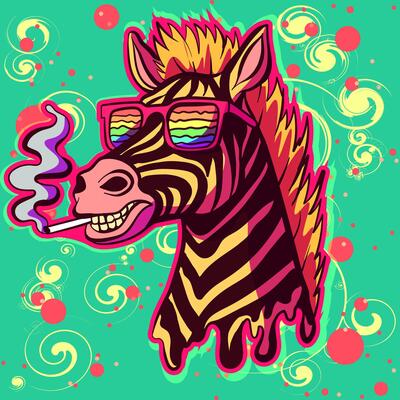 Cool zebra thug wearing sunglasses and smoking. Striped wild with haircut on fire smiling.
