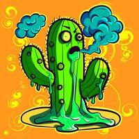 Funky and crazy cactus with slime surrounded by smoke. Trippy acid and psychedelic cacti with eyes and a weird look vector