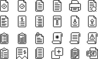 Document pixel icon set. Set of pixel icons related to document, clipboard, contract papers and more vector