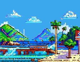 Pixel art of a beach scene with palm trees and a pier vector