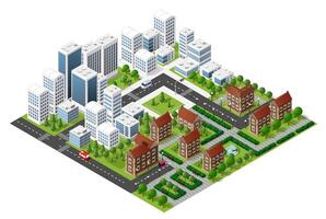 Modern isometric city and center with skyscrapers and trees covered by snow vector