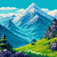 A pixel art painting of a mountain range vector