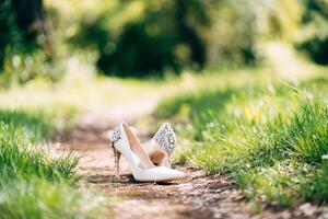 Elegant White High Heels Placed Gracefully on a Scenic Pathway photo